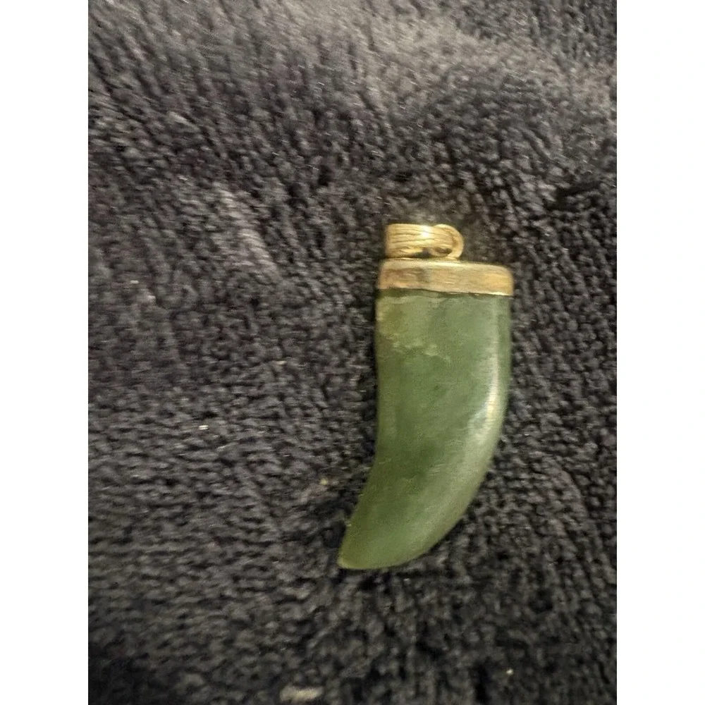 Vintage 1960s Carved Jade Claw Tooth Tusk Fang Amulet Gold Filled Pendant Green